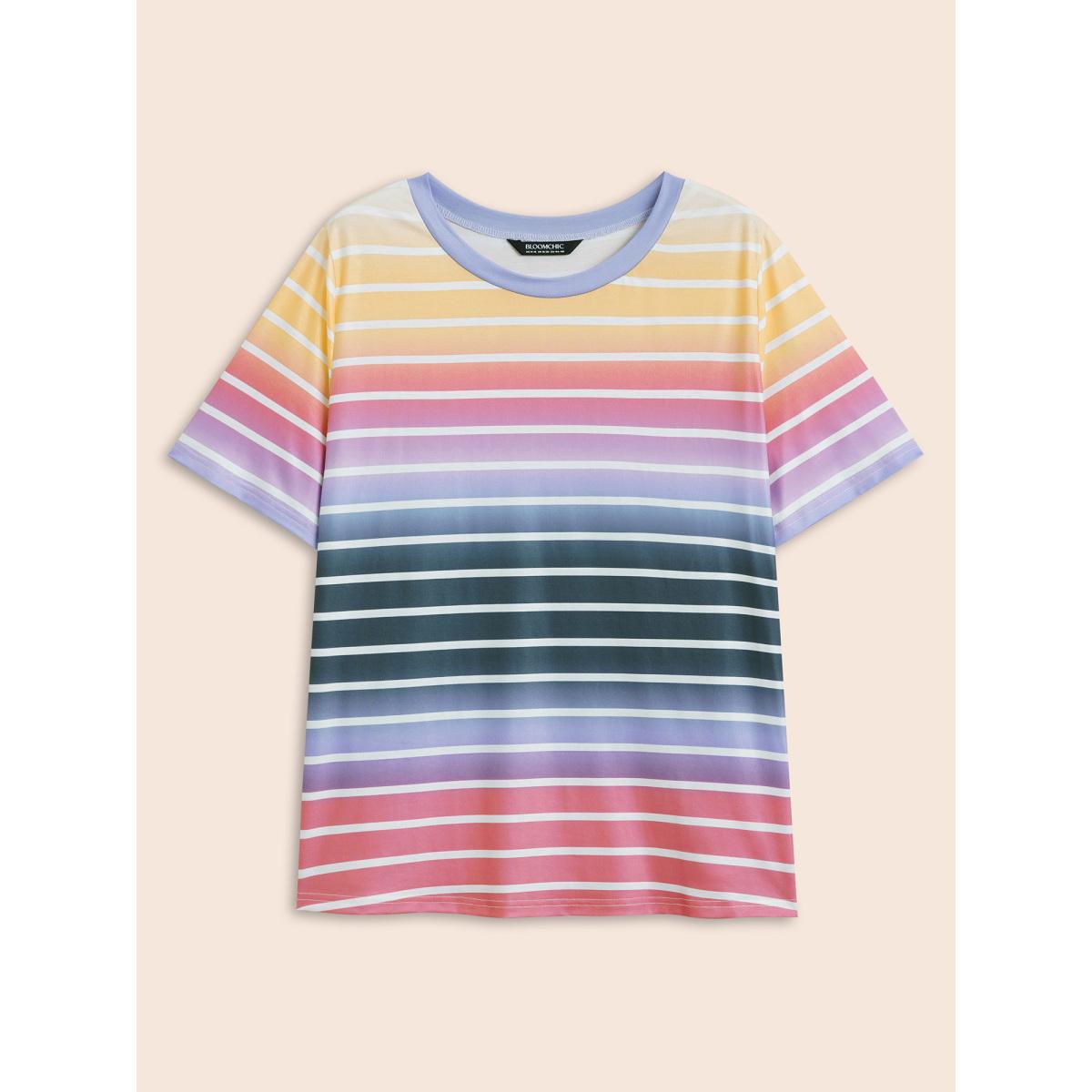 Plus Size Round Neck Contrast Striped T-shirt Multicolor Women Casual Contrast Round Neck Everyday T-shirts BloomChic 18-20/2X Product Image