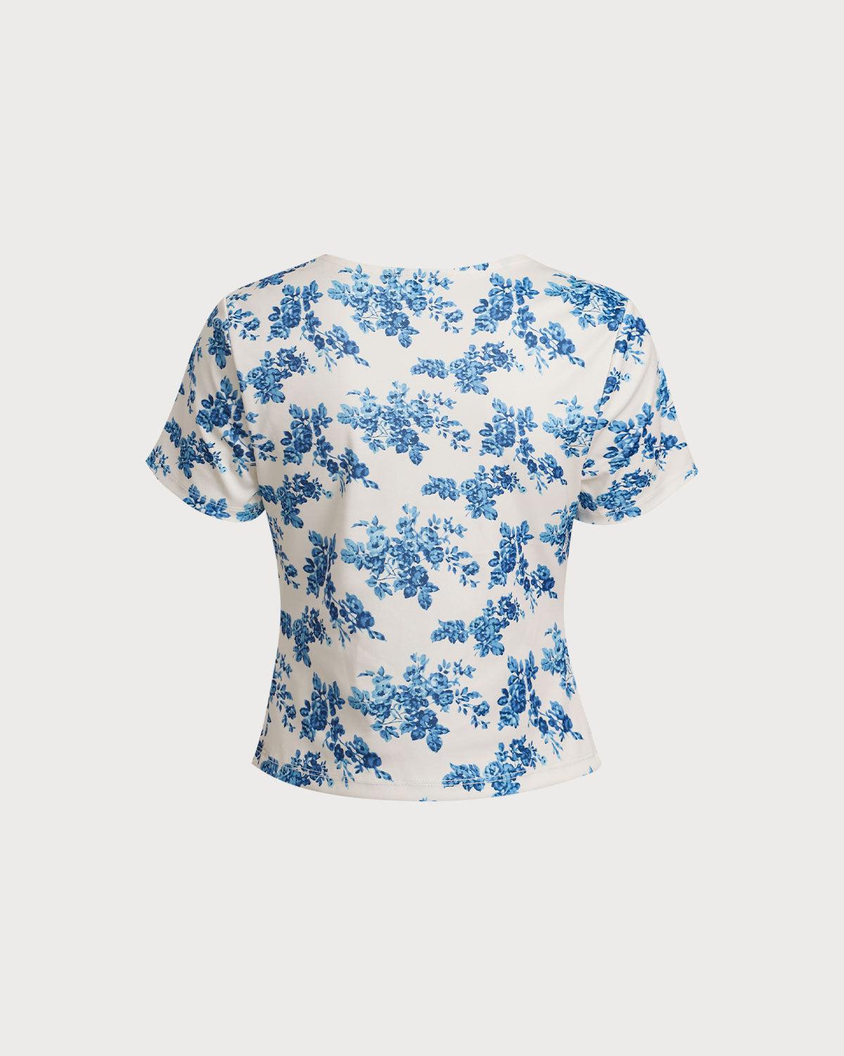 Blue Floral Short Sleeve T-Shirt Product Image