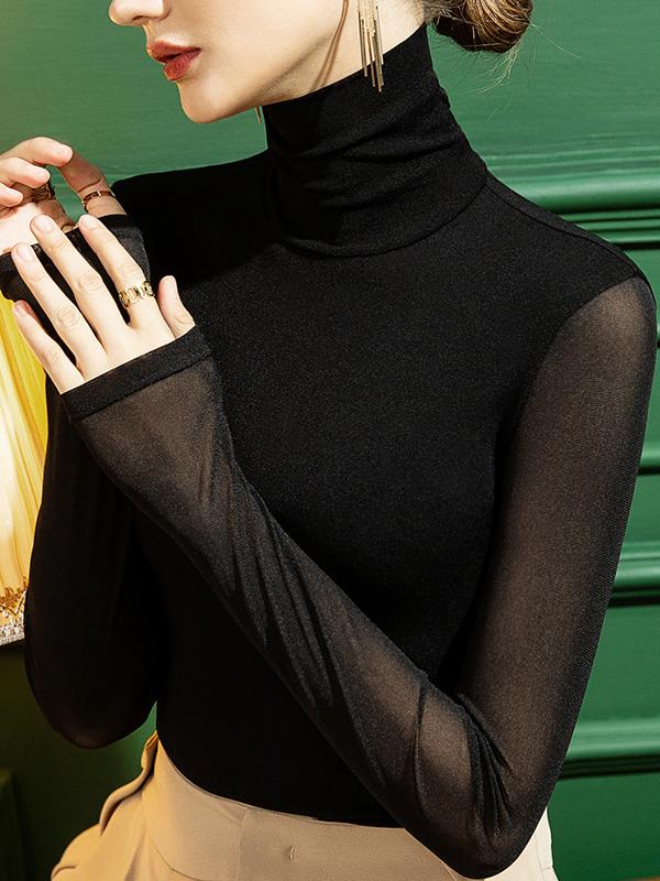 Long Sleeves Plus Size See-Through Solid Color Split-Joint High Neck T-Shirts Product Image