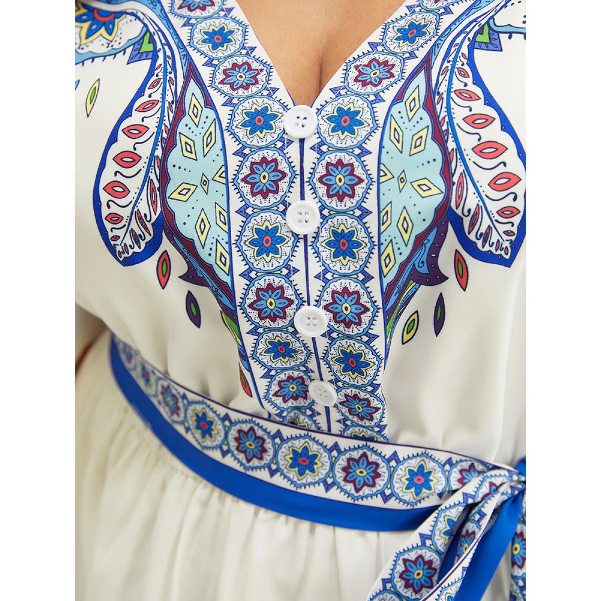 Plus Size Bandana Button Detail Pocket Belt Knee Dress Blue Women Vacation Lined V-neck Short sleeve Curvy Knee Dress BloomChic 28/5X Product Image