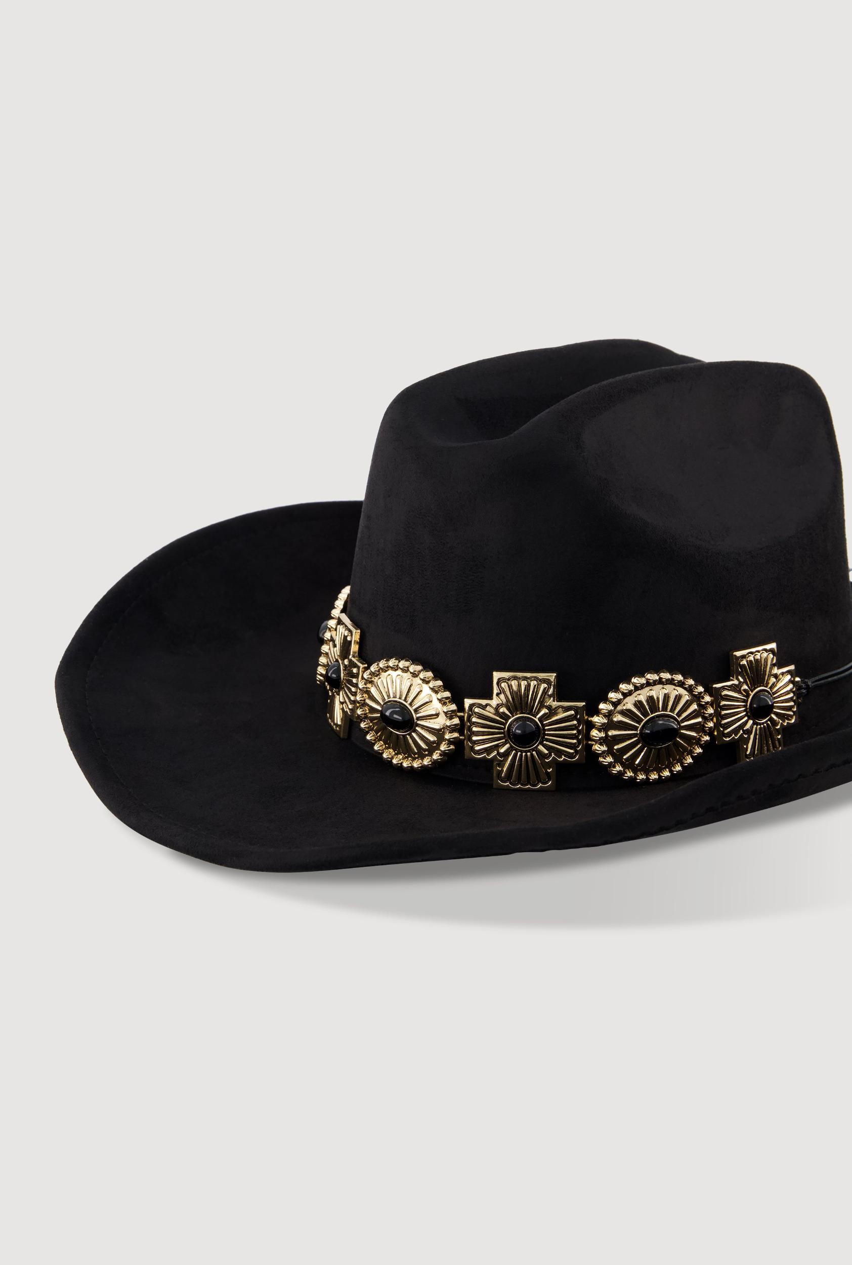 Trendy Faux Suede Metallic Cross Trim Cowboy Hat Female Product Image