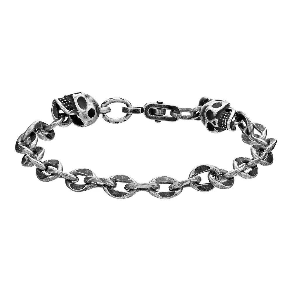 LYNX Stainless Steel 7mm Antique Finish Skull 9" Men's Chain Bracelet Product Image