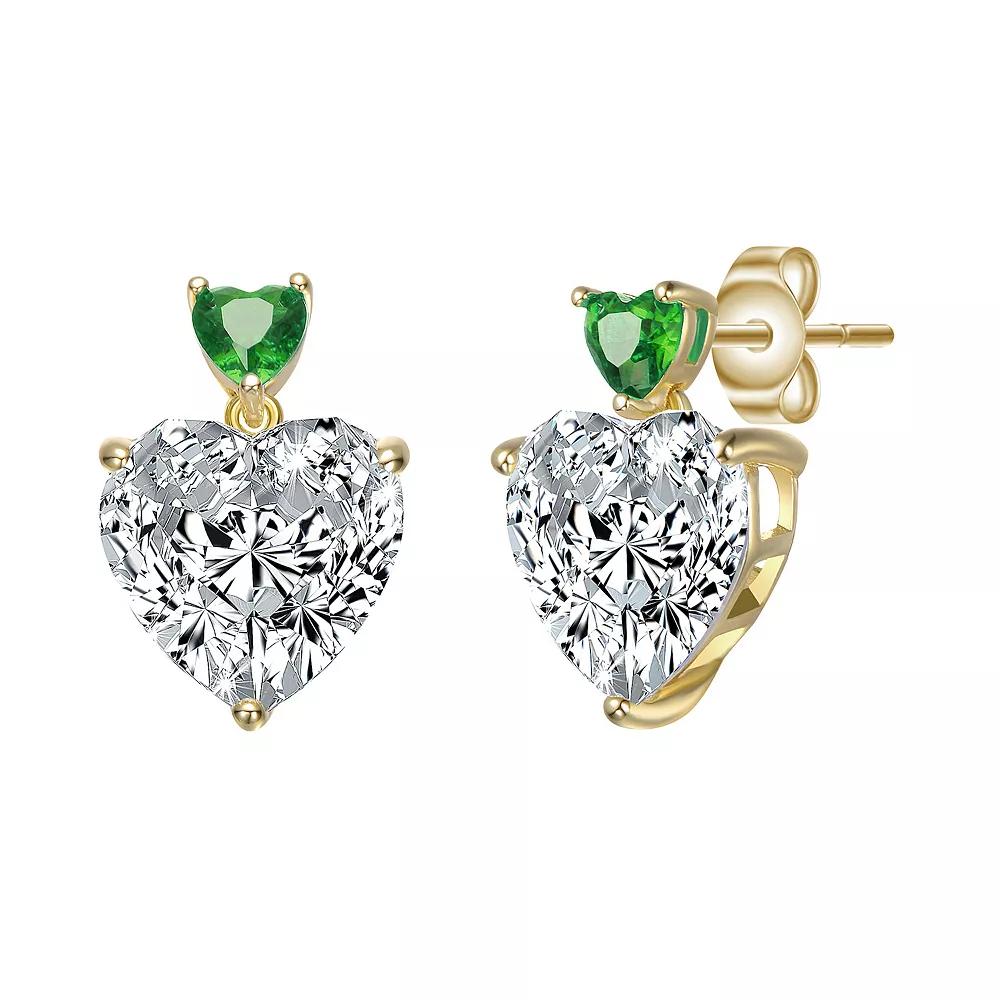 Gold Tone Cubic Zirconia Heart Two-Stone Stud Earrings, Womens, Green Product Image