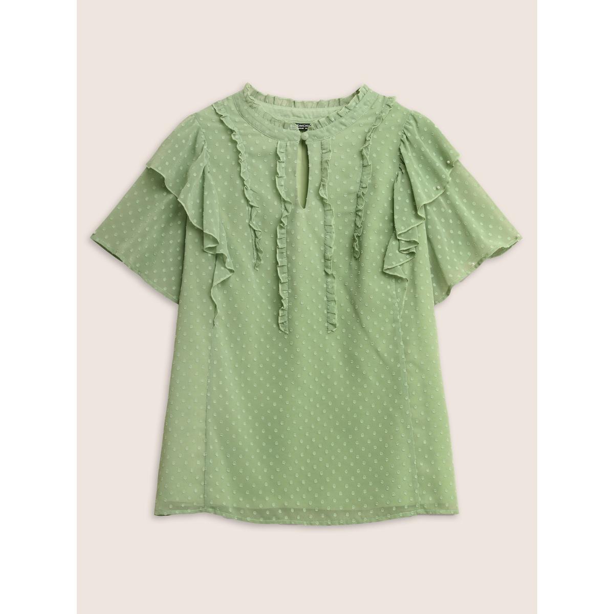 Plus Size Mint Texture Frill Trim Ruffle Sleeve Blouse Women Elegant Short sleeve Mock Neck Everyday Blouses BloomChic 10/M Product Image