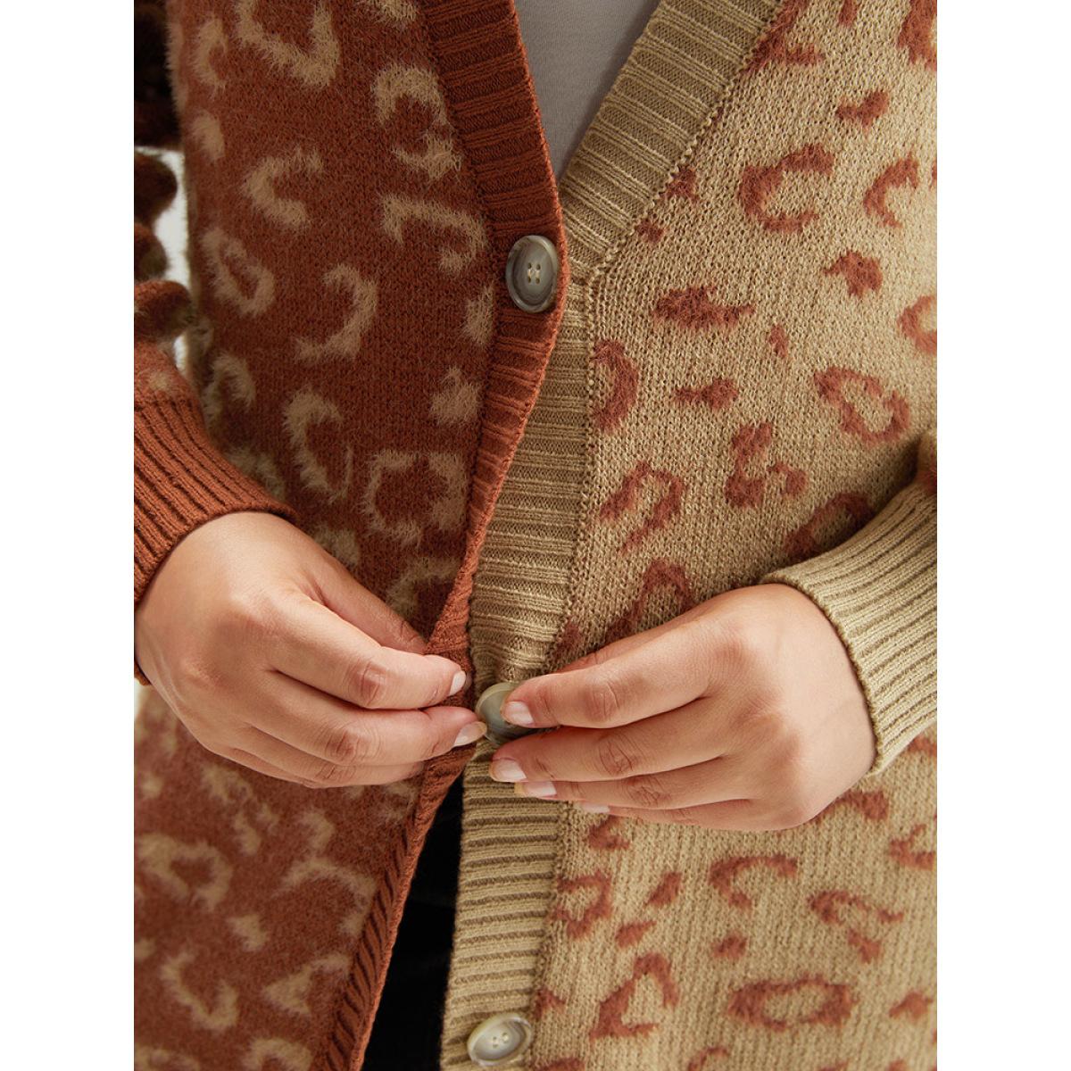 Plus Size Leopard Print Contrast Button Through Cardigan Leopard Women Casual Loose Long Sleeve Dailywear Cardigans BloomChic 22-24/3X Product Image