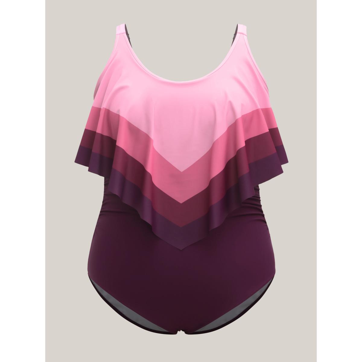 Plus Size Color Block Layered One-Piece Swimsuit Women's Swimwear Deeppurple Beach Gathered Curve Bathing Suits High stretch One Pieces BloomChic 30/6X Product Image