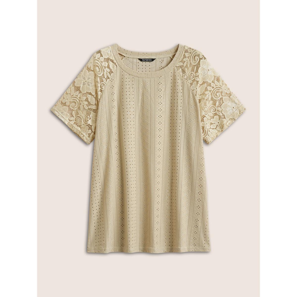 Plus Size Solid Broderie Anglaise Lace Raglan Sleeve T-shirt Champagne Women Elegant See through Plain Round Neck Everyday T-shirts BloomChic 12/L Product Image