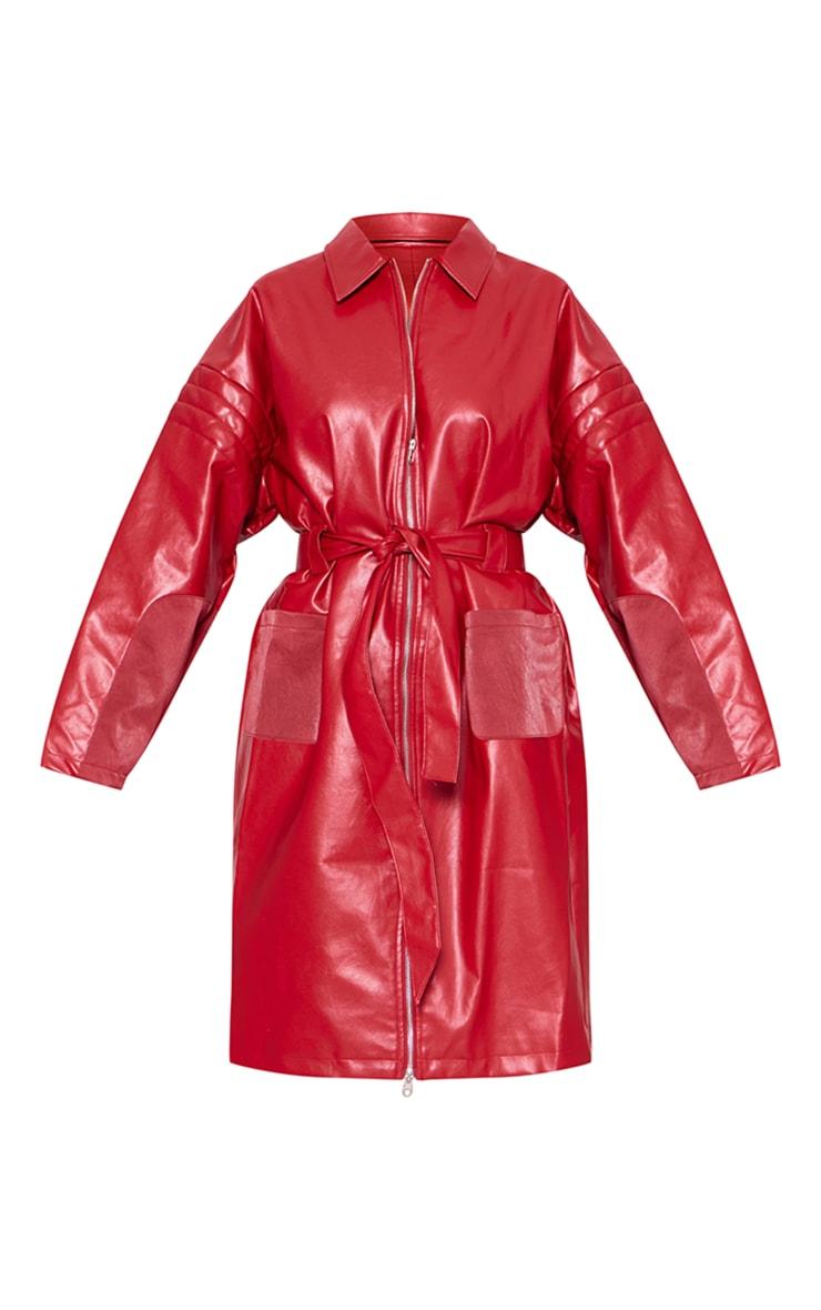 Cherry Red Faux Leather Contrast Panel Belted Coat Product Image