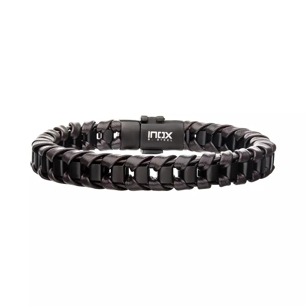 Men's Brown Leather & Black Plated Bracelet,  Product Image