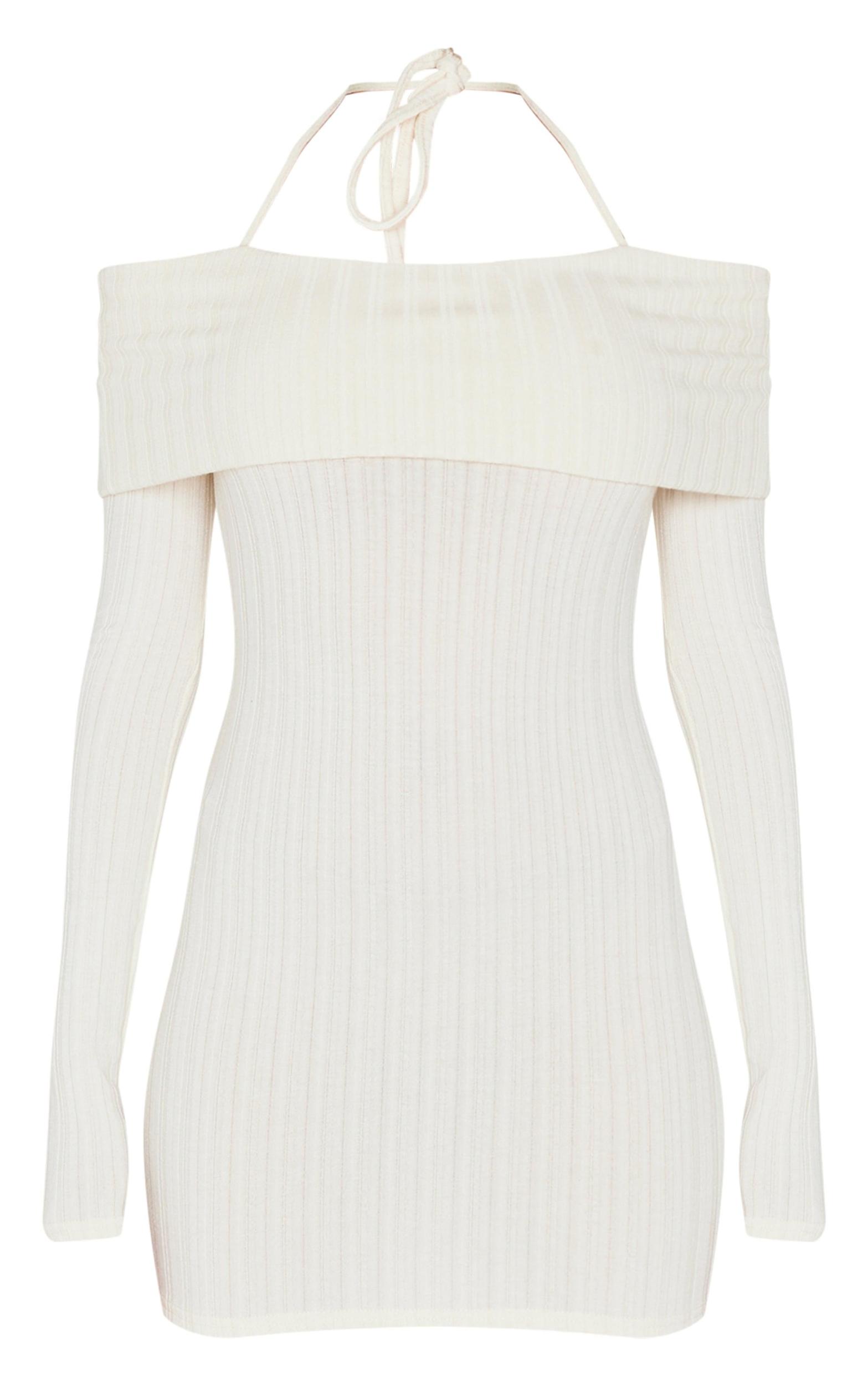 Cream Rib Bardot Fold Over Bodycon Dress Product Image