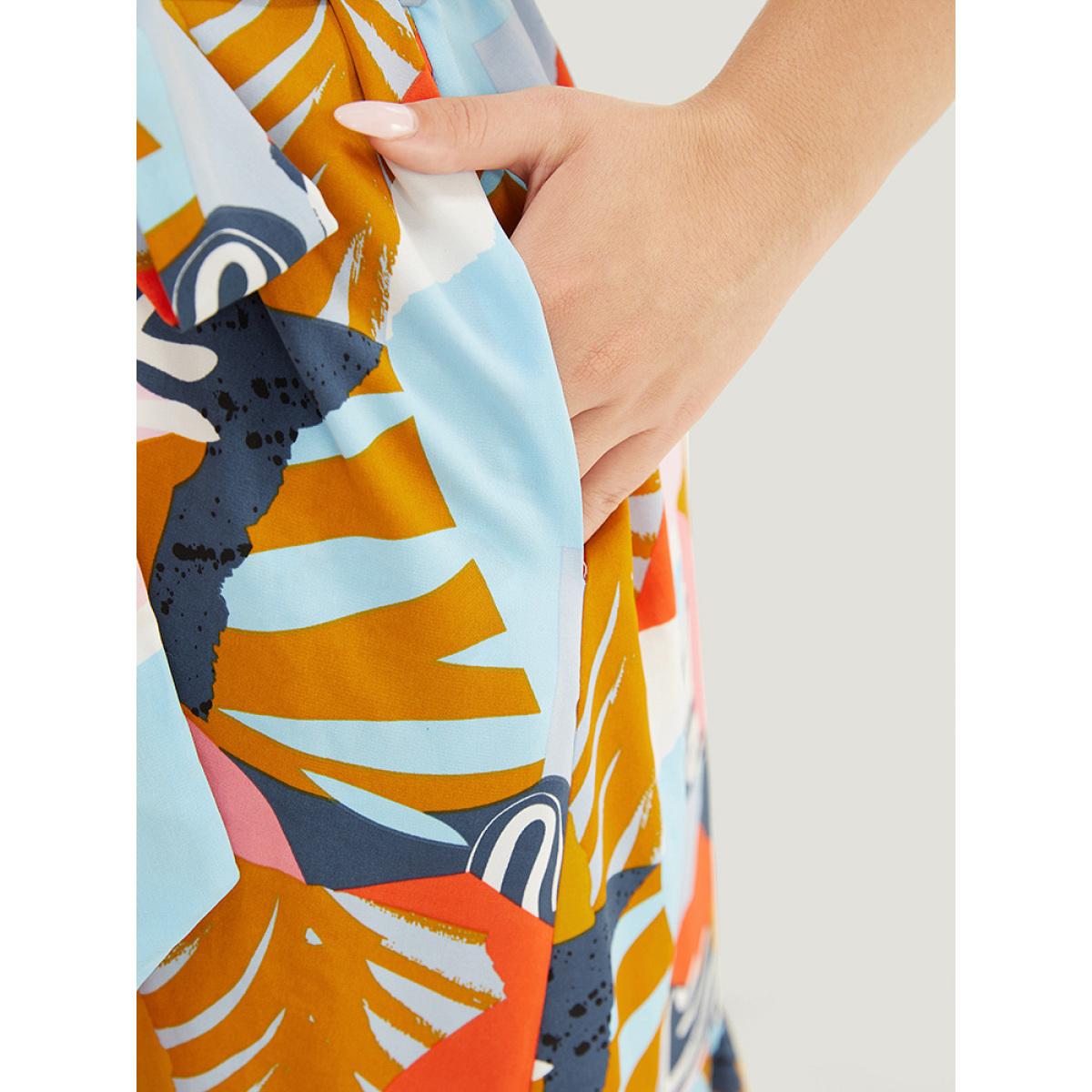 Plus Size Graphic Print Ruffles Hem Pocket Belt Pleated Tank Dress Multicolor Women Vacation Belted Square Neck Sleeveless Curvy Midi Dress BloomChic 28/5X Product Image