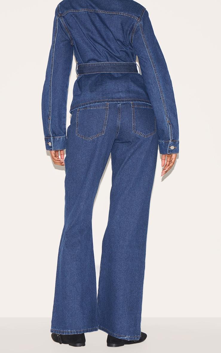 Dark Blue Mid Waist Contrast Stitch Flared Jeans Product Image