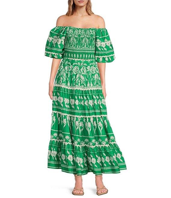 Sugarlips Coordinating Printed Off The Shoulder Short Puff Sleeve Rick Rack Trimmed Smocked Crop Top Product Image