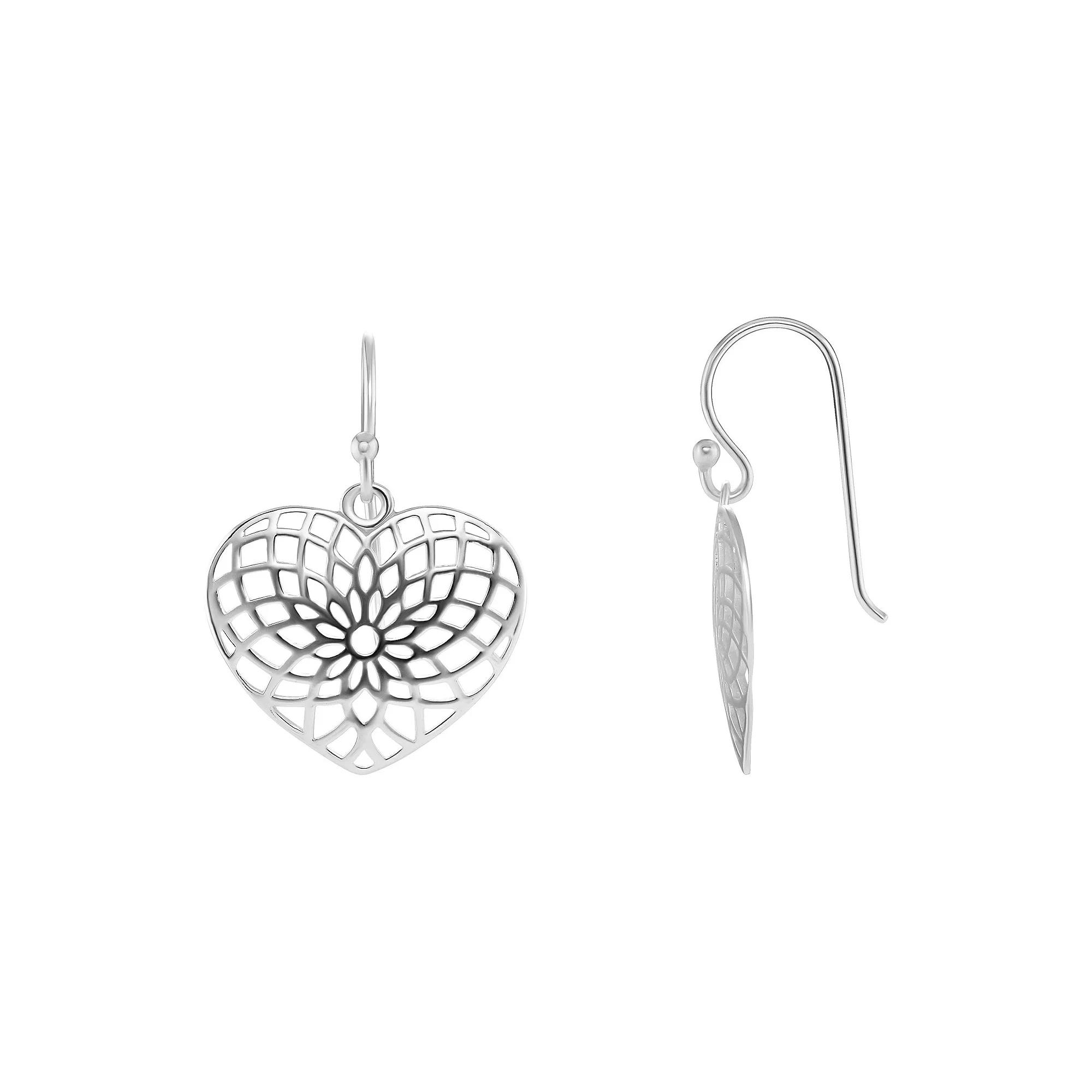 PRIMROSE Sterling Silver Polished Filigree Heart Drop Earrings, Women's, Silver Tone Product Image