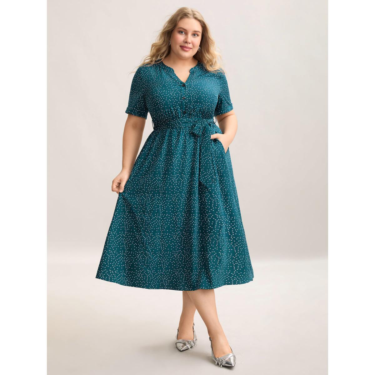 Plus Size Stretchy Waist Tied Pockets Printed Midi Dress Cyan Women At the Office Belted Flat collar Short sleeve Curvy BloomChic 10/M Product Image