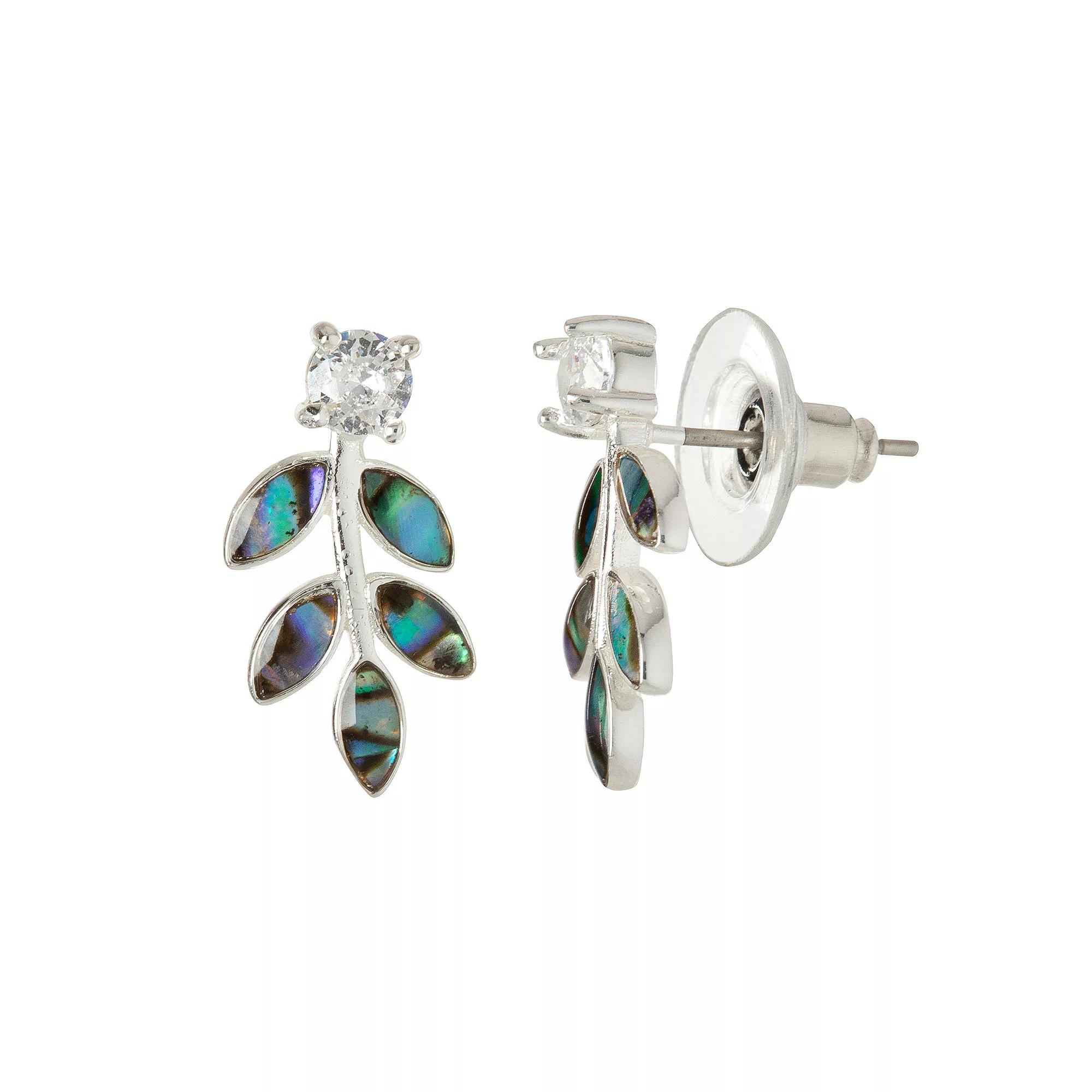City Luxe Silver Tone Abalone & Cubic Zirconia Leaf Drop Earrings, Women's Product Image