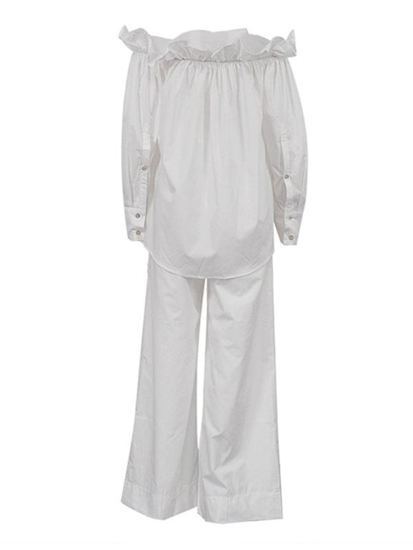 Loose Puff Sleeves Pleated Solid Color Off-The-Shoulder Blouse + Pants Trousers Elasticity Two Pieces Set Product Image