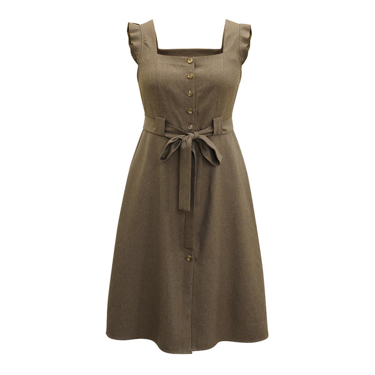 Plus Size Solid Belted Ruffle Trim Button Through Sleeveless Dress ArmyGreen Women Office Plain Square Neck Sleeveless Curvy Midi Dress BloomChic 12/L Product Image
