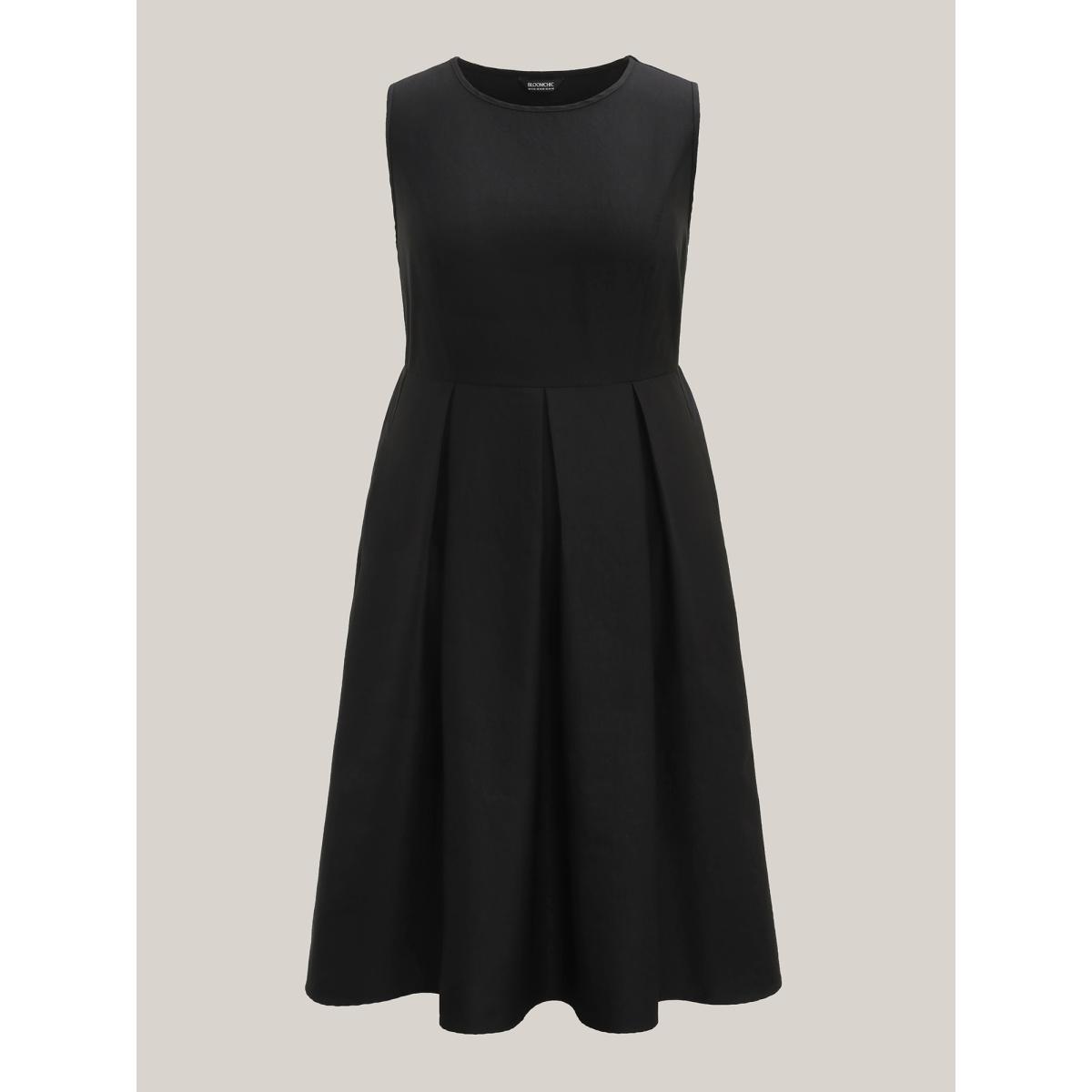 Plus Size Classic Woven Inner Pleated Midi Dress Black Women Office Round Neck Sleeveless Curvy BloomChic 14-16/1X Product Image