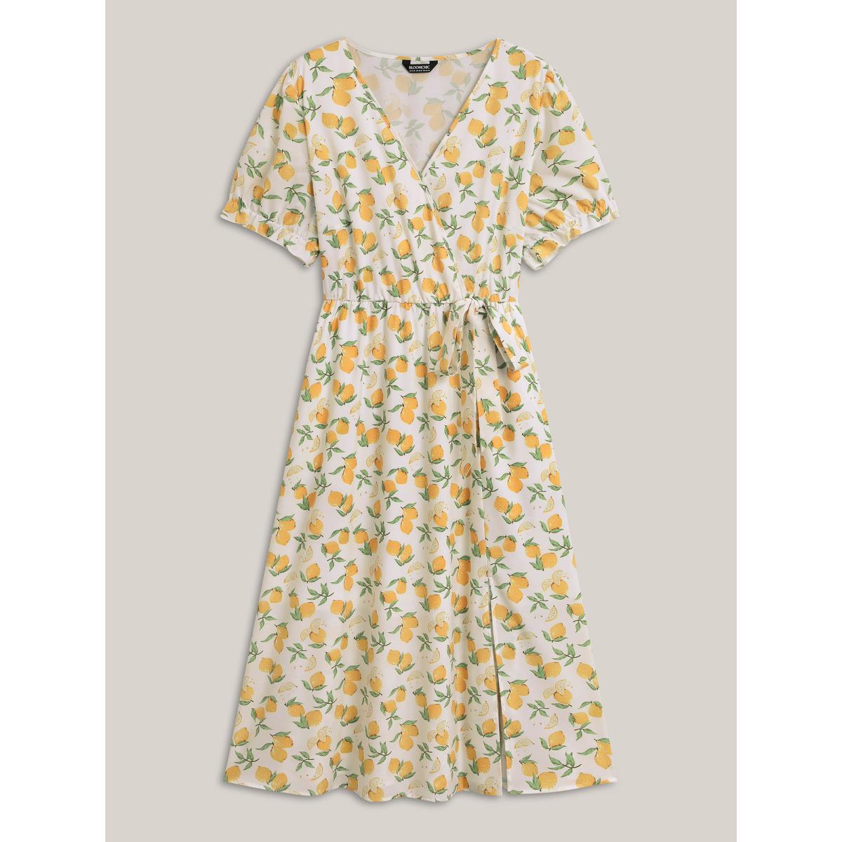 Plus Size Lemon Print Surplice Stretchy Waist Midi Dress Ivory Women Elegant Overlapping Overlap Collar Short sleeve Curvy BloomChic 18-20/2X Product Image