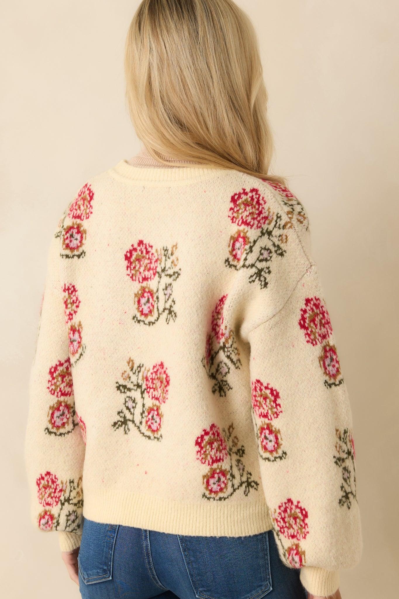 Garden Wishes Ivory Multi Knit Floral Button Up Cardigan Sweater L / Multi Product Image