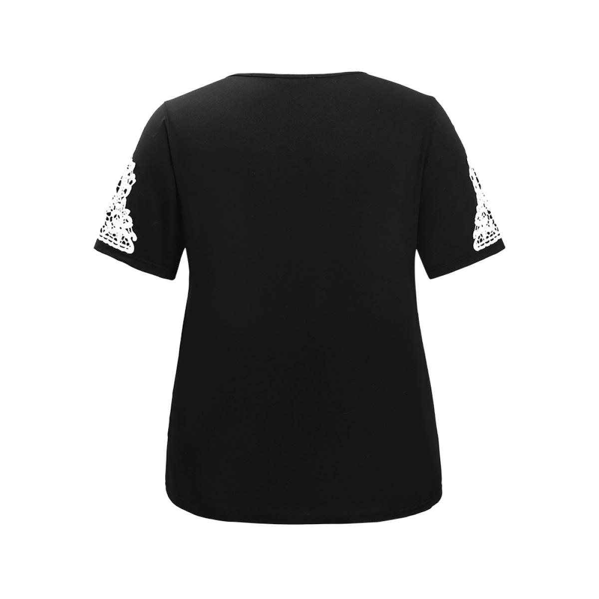 Plus Size Plain Contrast Lace V Neck T-shirt Black Women Elegant Lace Plain V-neck Dailywear T-shirts BloomChic 30/6X Product Image