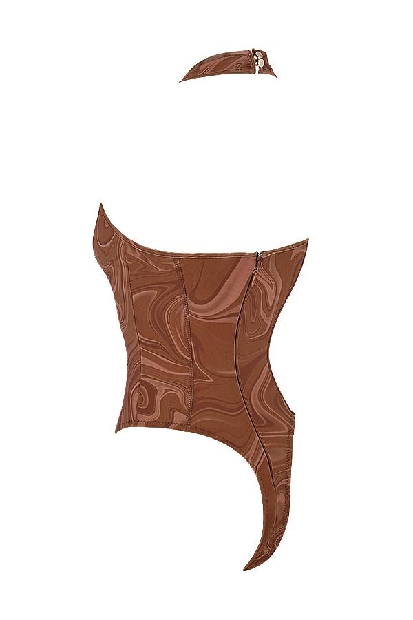 Sabine  cocoa swirl print halter bodysuit Product Image