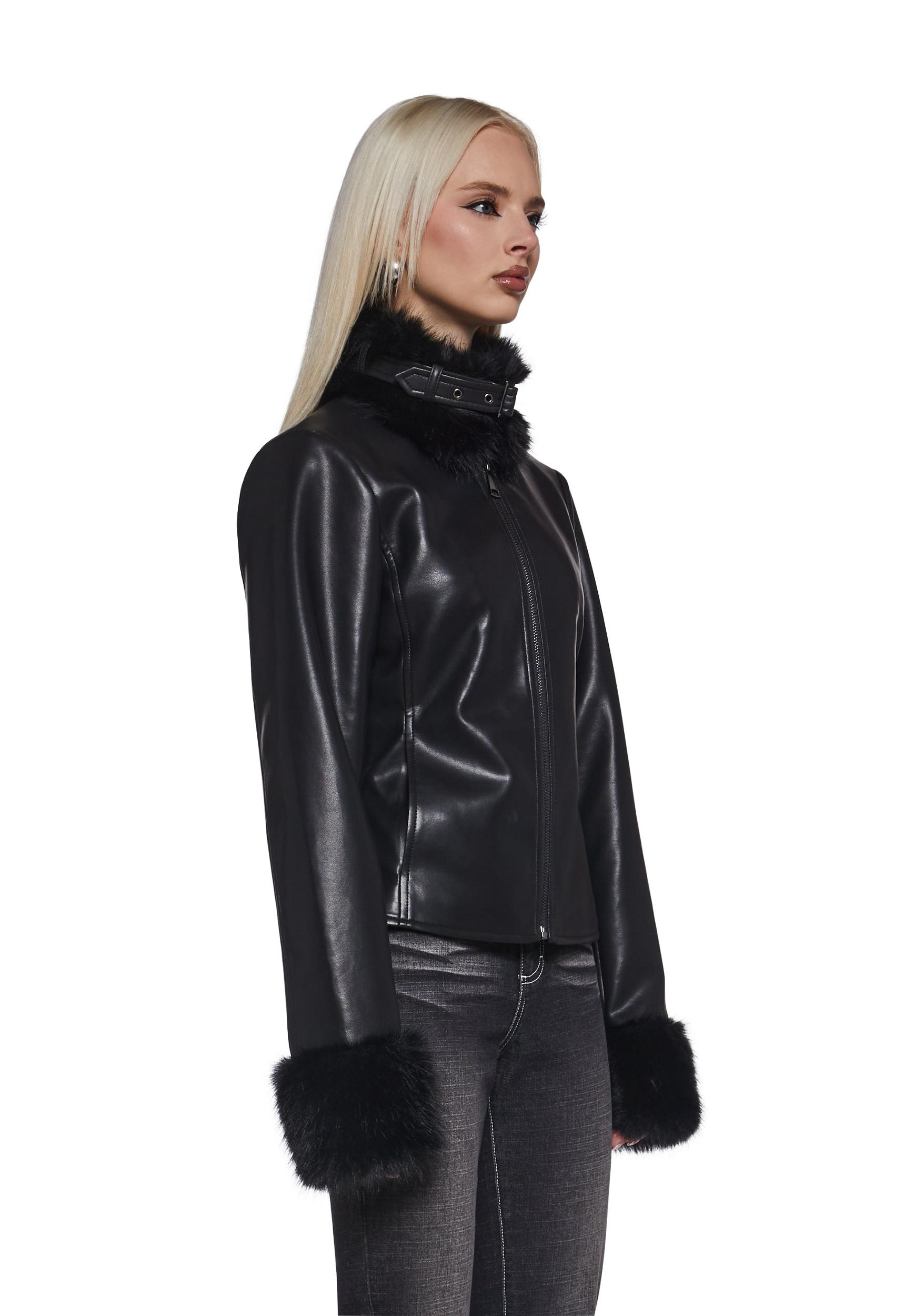 Womens Vegan Leather Moto Jacket With Faux Fur Trim Generation Kiss - Black Product Image