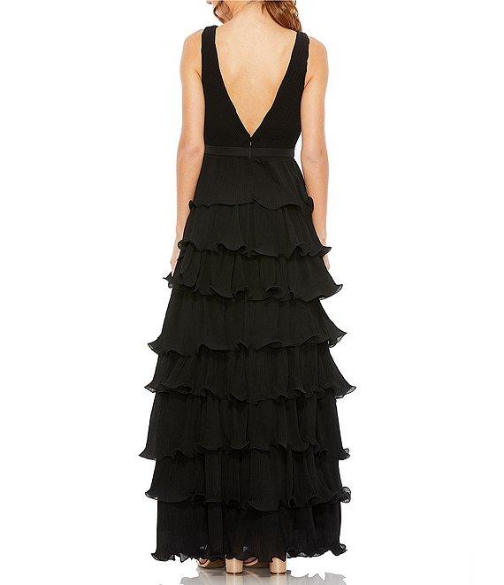 Mac Duggal Deep V-Neck Sleeveless Ruffle Tiered Thigh High Slit Gown Product Image