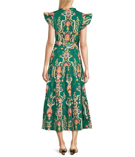 Jude Connally Mirabella Stretch Poplin Tapestry Floral Print Split V-Neck Flutter Maxi Sleeve Product Image