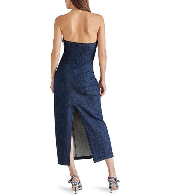 Steve Madden Prato Denim Strapless Belted Neck Sleeveless Bodycon Midi Dress Product Image