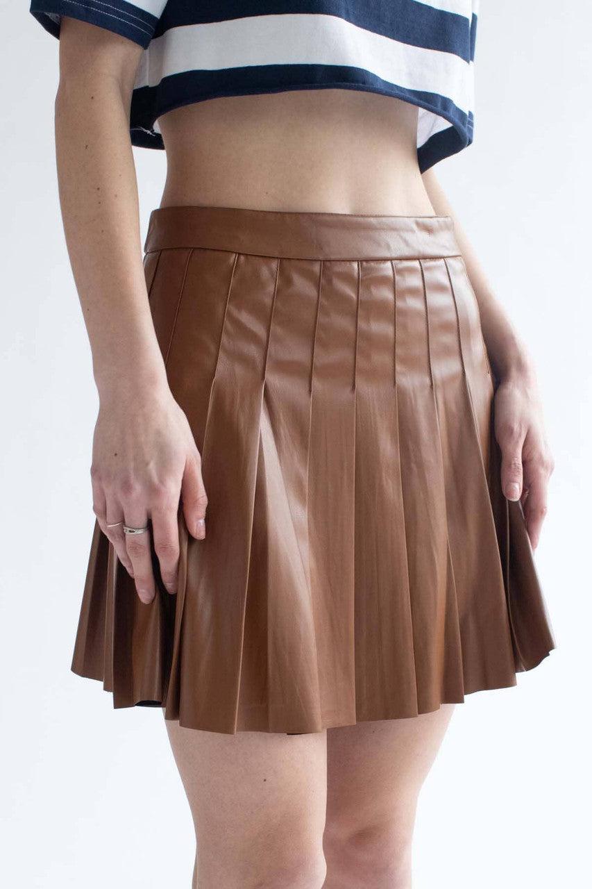 Brown Pleather Pleated Skirt Product Image