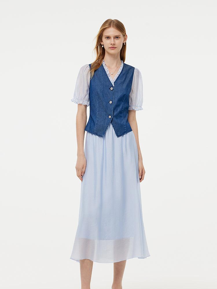 Denim Lyocell Patchwork Crop Jacket And Skirt Two-Piece Set Product Image