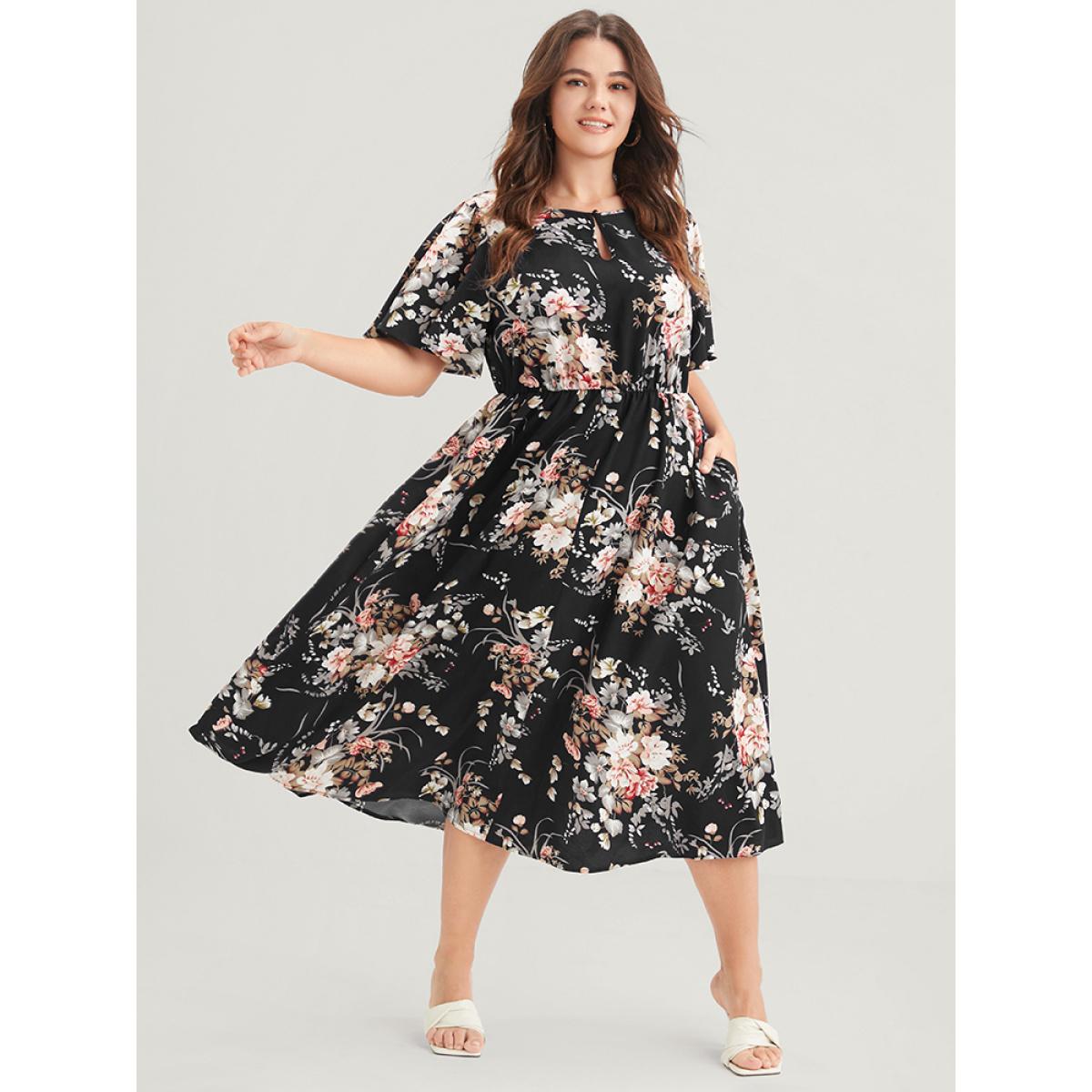 Plus Size Bloom Dress - Floral Keyhole Round Neck Pocket Ruffles Midi Dress Black Women Elegant Printed Round Neck Short sleeve Curvy Midi Dress BloomChic 30/6X Product Image