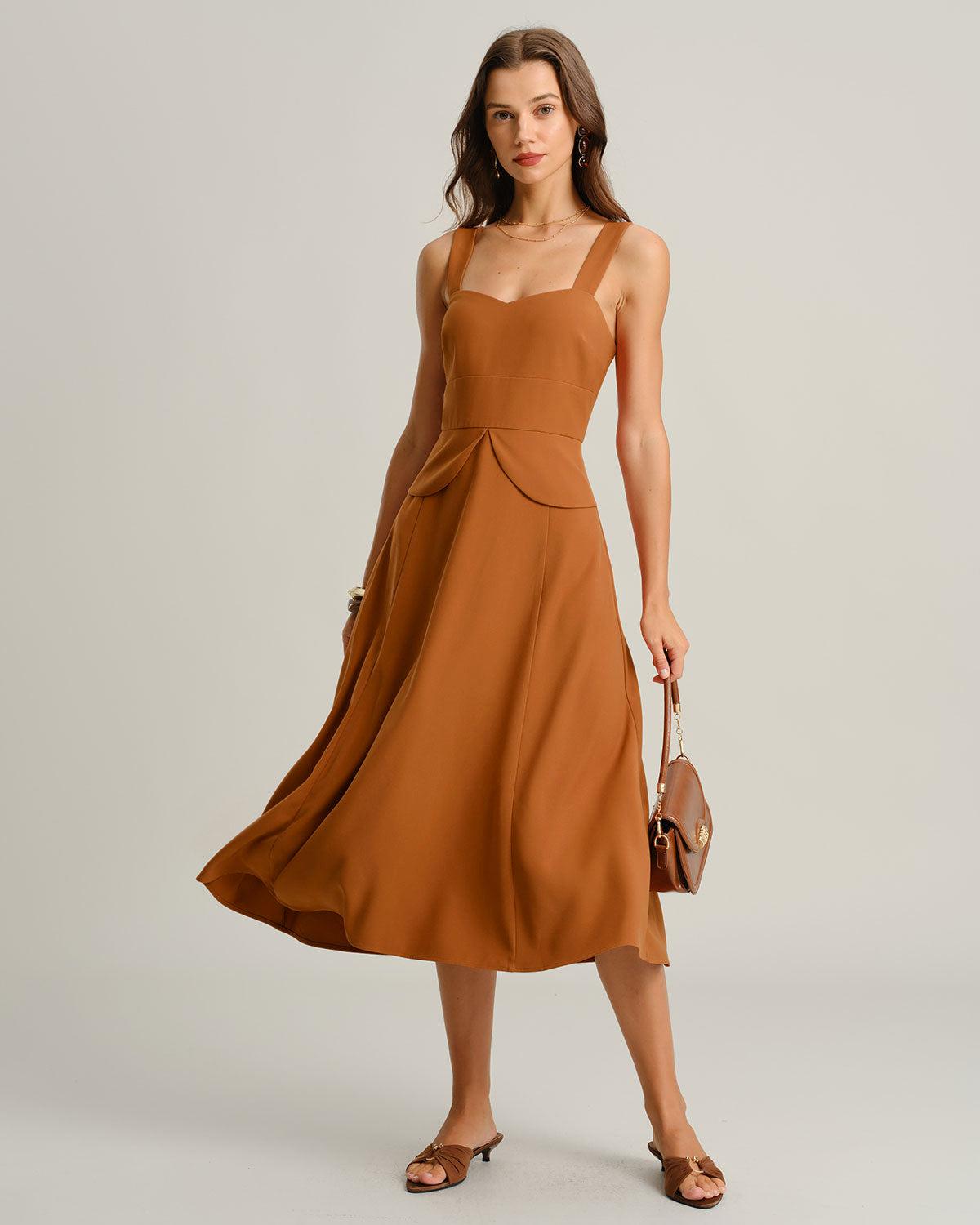 Caramel Sweetheart Neck Slip Midi Dress Product Image