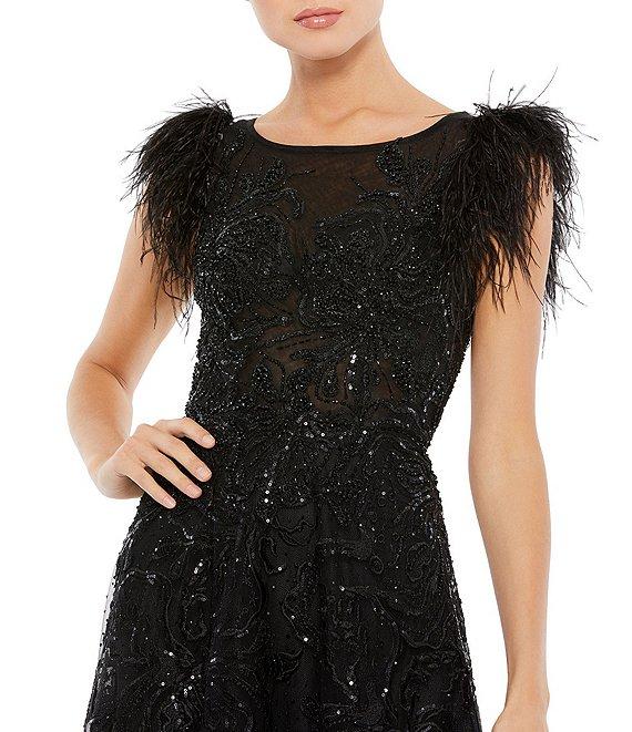 Mac Duggal Round Neck Short Feather Sleeve A-Line Beaded Floral Gown Product Image