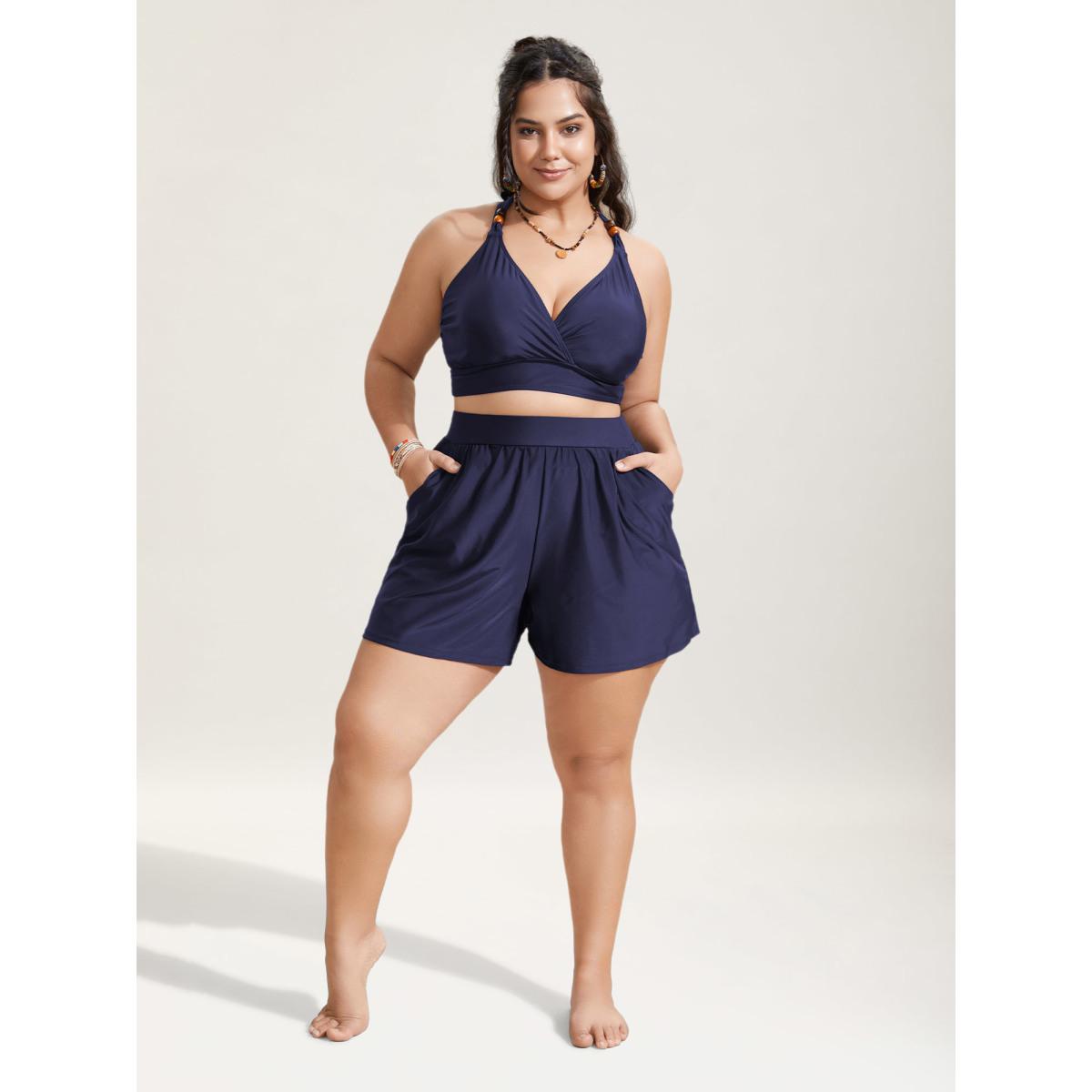 Plus Size High Waisted Pockets Solid Pleated Swim Bottom Women's Swimwear Indigo Resort Gathered High stretch Bodycon High Rise Slanted pocket Curve Swim Bottoms BloomChic 12/L Product Image