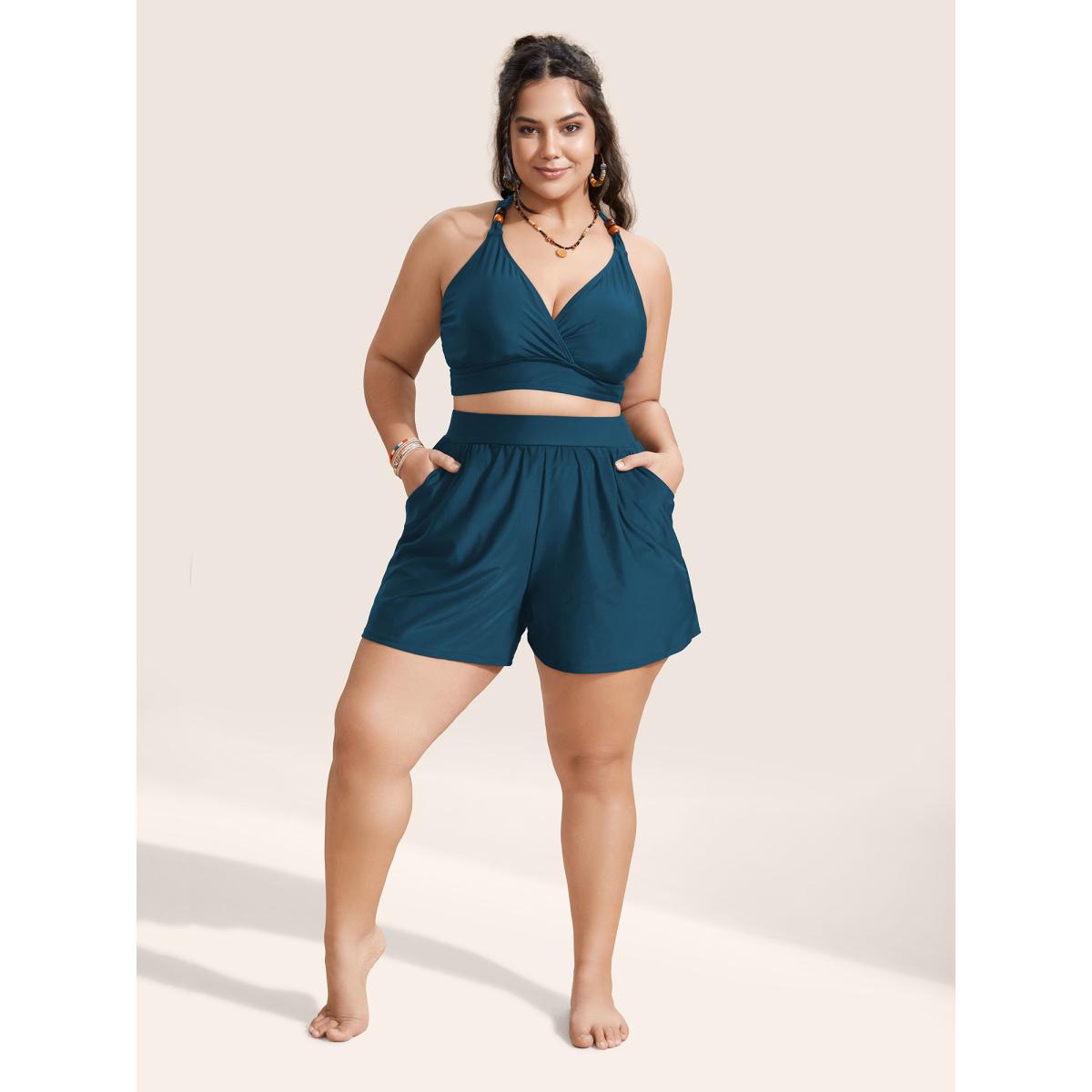 Plus Size High Waisted Pockets Solid Pleated Swim Bottom Women's Swimwear Cyan Resort Gathered High stretch Bodycon High Rise Slanted pocket Curve Swim Bottoms BloomChic 12/L Product Image