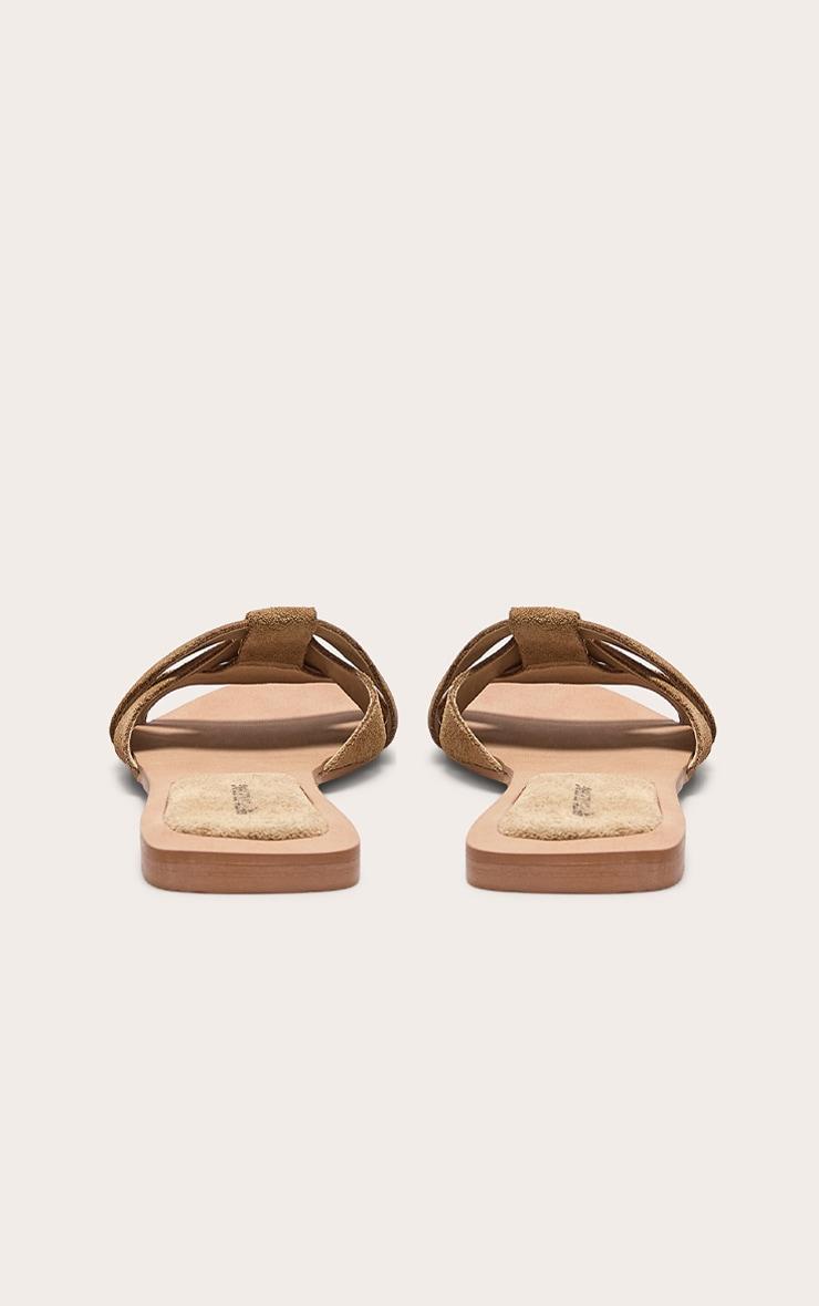 Beige Faux Suede Round Toe Flat Mule Sandals Product Image