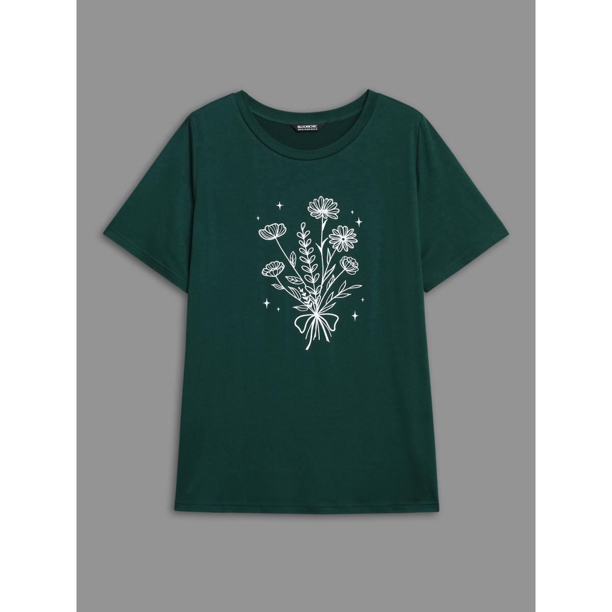 Plus Size Floral Motif Round Neck Fitted T-Shirt DarkGreen Women Casual Non Natural Flowers Round Neck Everyday T-shirts BloomChic 14-16/1X Product Image