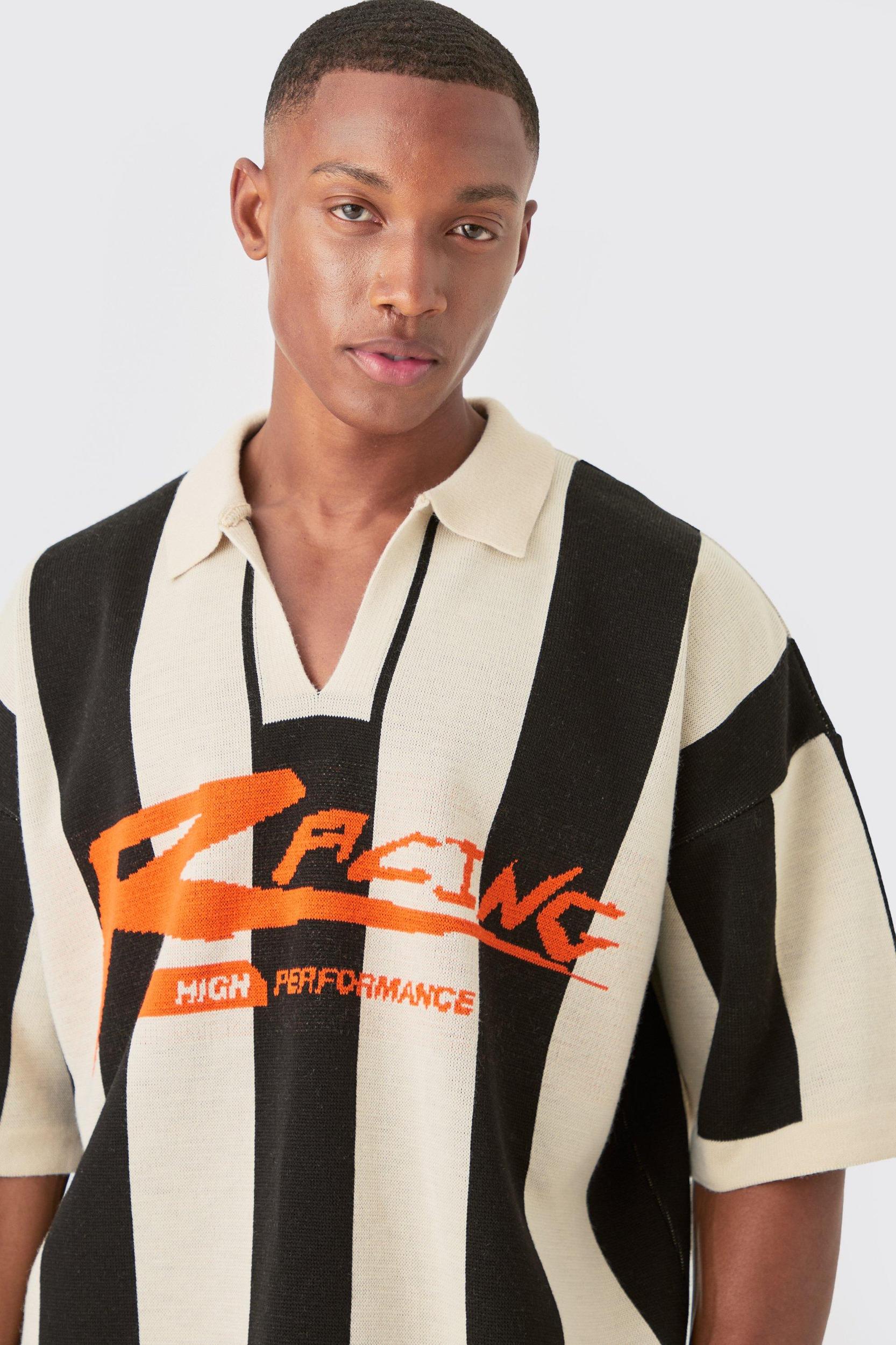 Boxy Moto Stripe Knitted Polo | boohooMAN USA Product Image