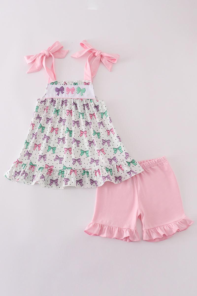 Pink bow embroidery ruffle shorts set Product Image