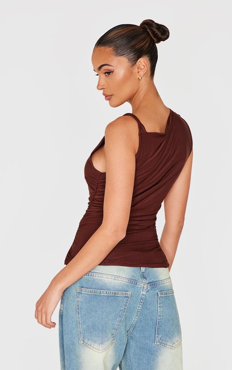 Chocolate Slinky Ruched Twist Strap Detail Long Top Product Image
