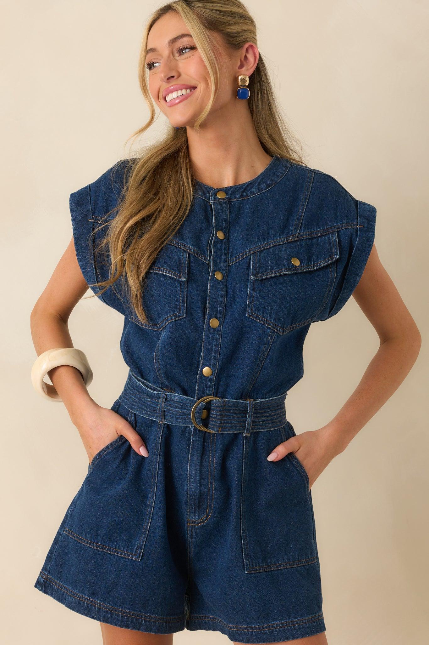The Road Less Traveled Dark Wash Denim Romper Product Image
