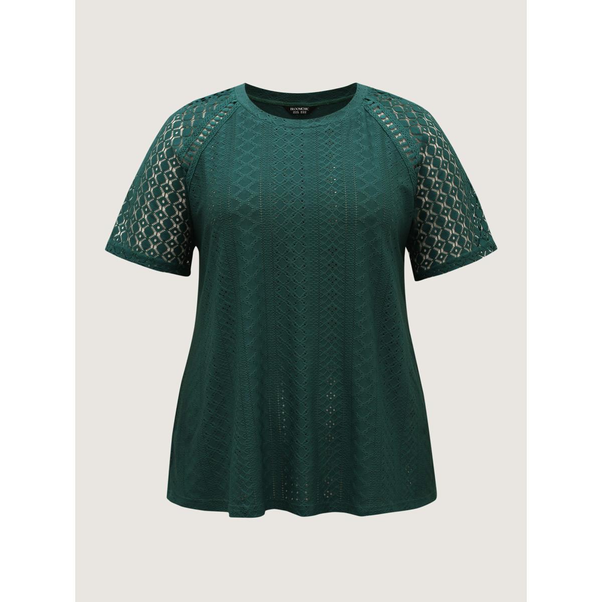Plus Size Eyelet Trim Lace Cut-Out Solid T-Shirt Cyan Women Leisure Round Neck Casual T-shirts BloomChic 22-24/3X Product Image