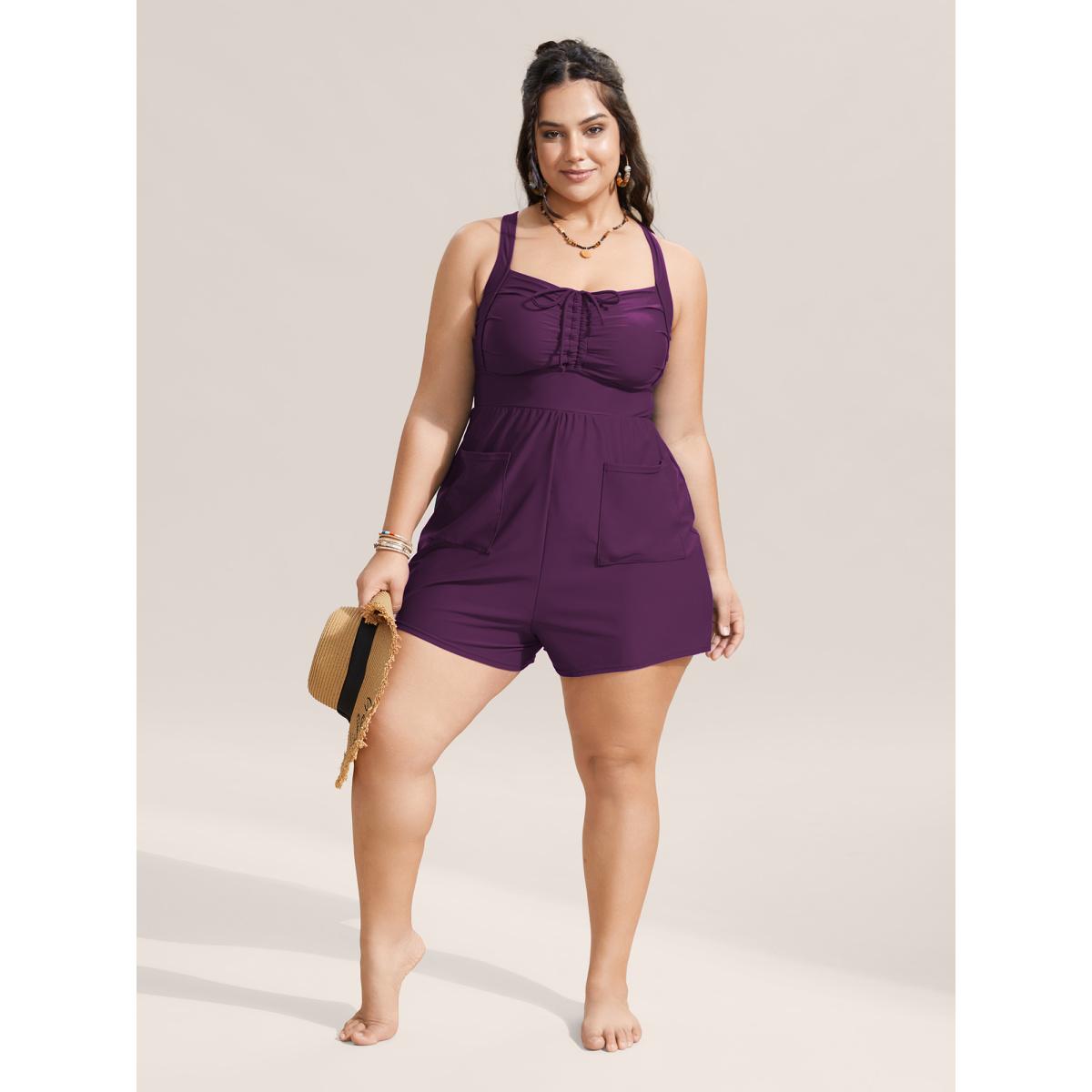 Plus Size Plain Patched Pocket Drawstring One Piece Swimsuit Women's Swimwear Deeppurple Resort Gathered Curve Bathing Suits High stretch One Pieces BloomChic 26/4X Product Image
