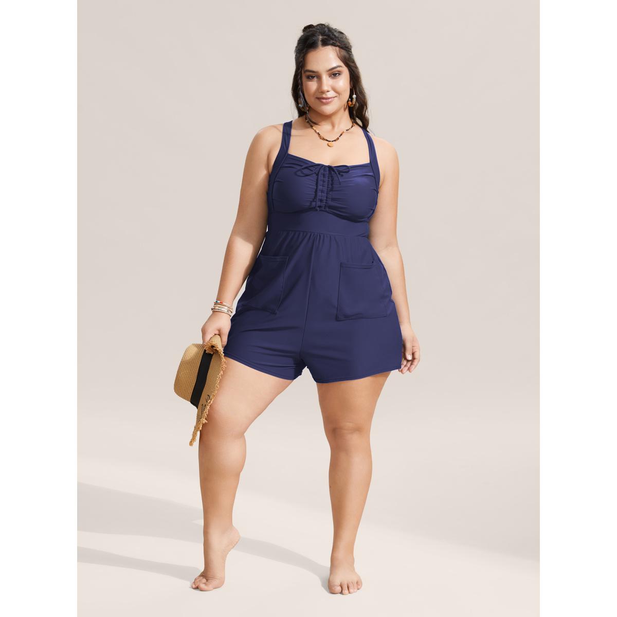 Plus Size Plain Patched Pocket Drawstring One Piece Swimsuit Women's Swimwear Indigo Resort Gathered Curve Bathing Suits High stretch One Pieces BloomChic 10/M Product Image