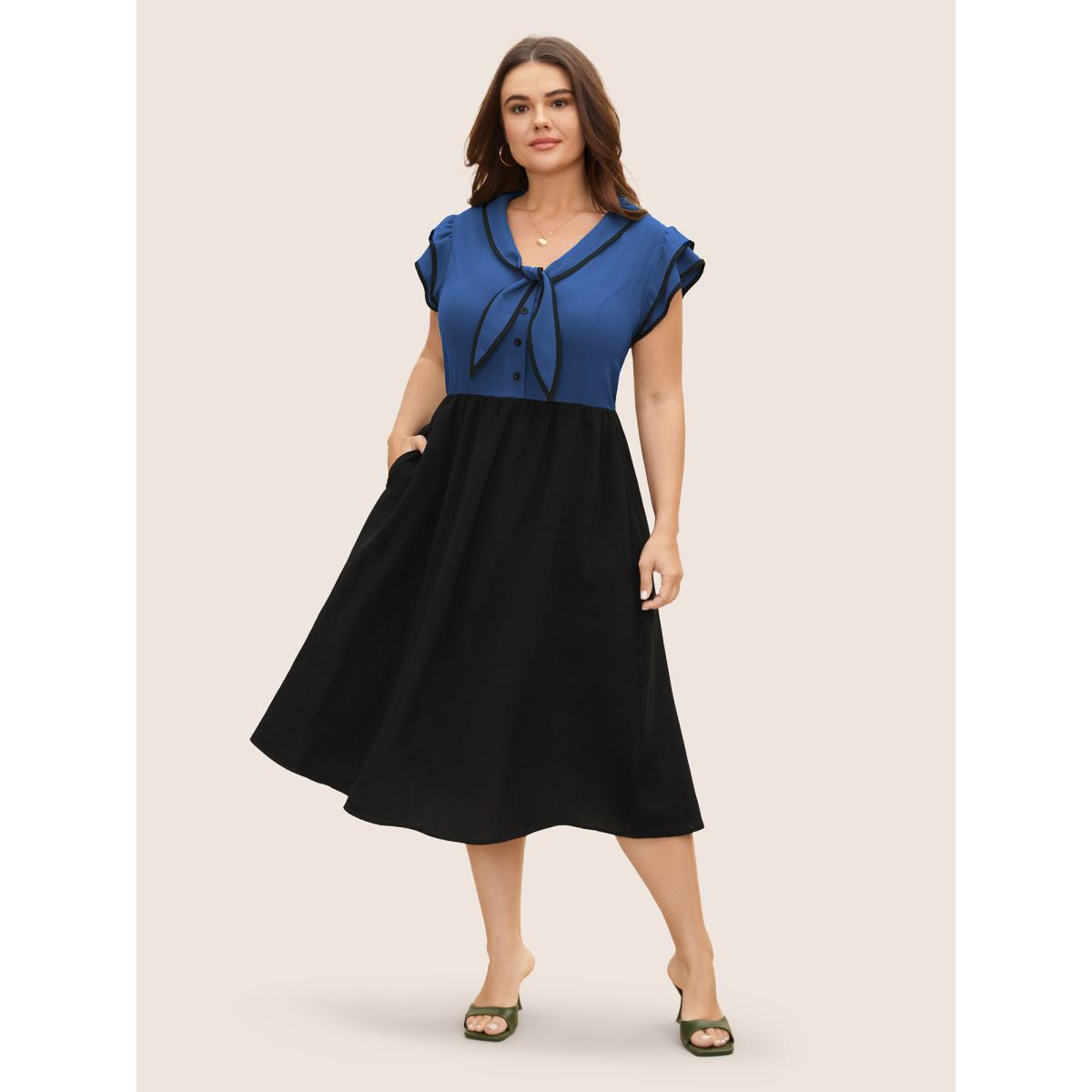 Plus Size Two-colored Knot Tie Midi Dress Mediumblue Women Elegant Tie knot V-neck Cap Sleeve Curvy BloomChic 12/L Product Image