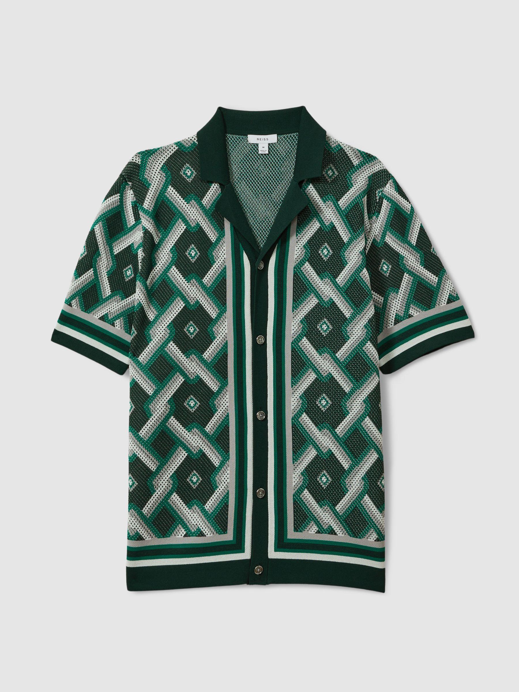 Knitted Cuban Collar Shirt in Green Multi Product Image
