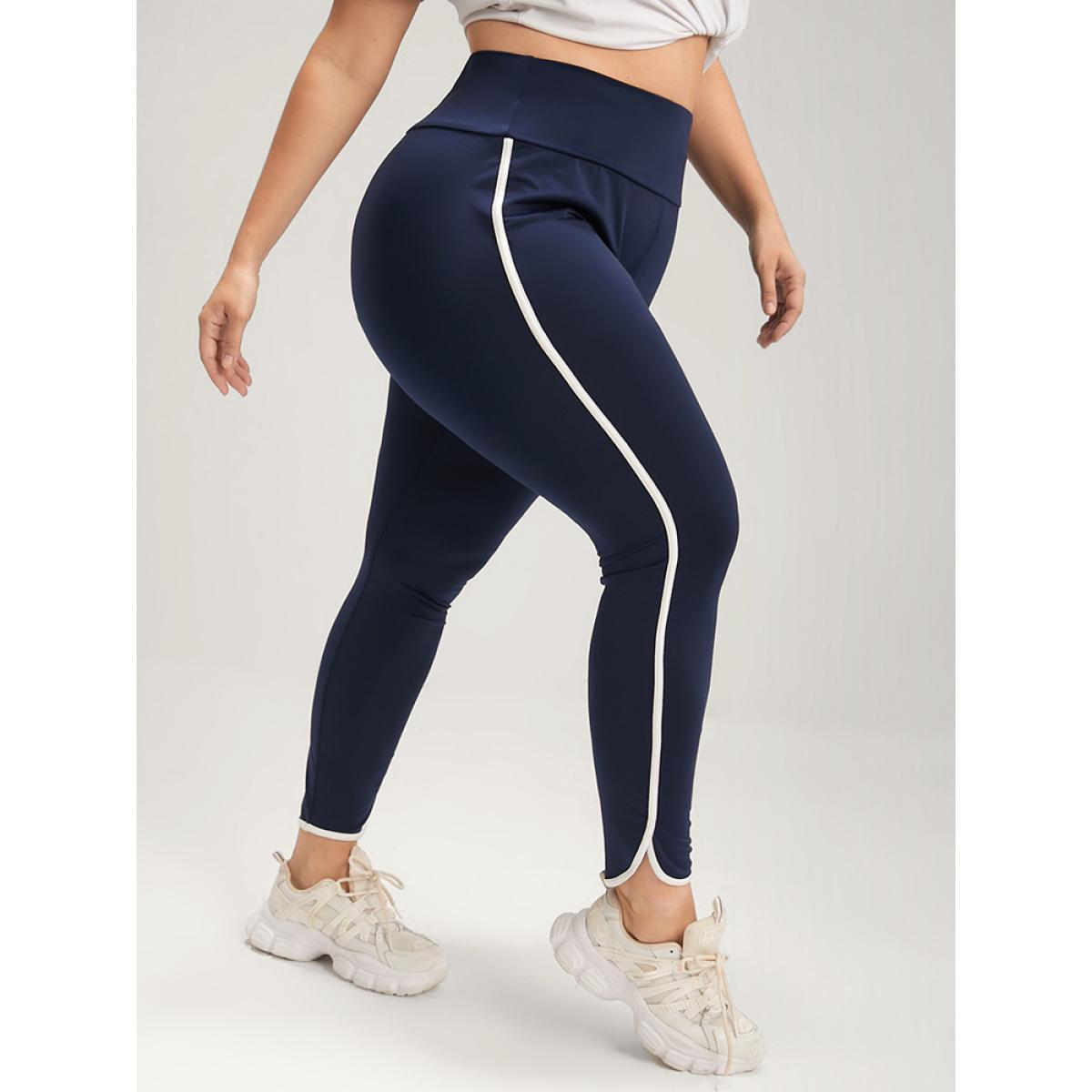 Plus Size Solid Wide Waistband Contrast Trim Skinny Leggings Women DarkBlue Casual High stretch Skinny High Rise Dailywear Leggings BloomChic 10/M Product Image